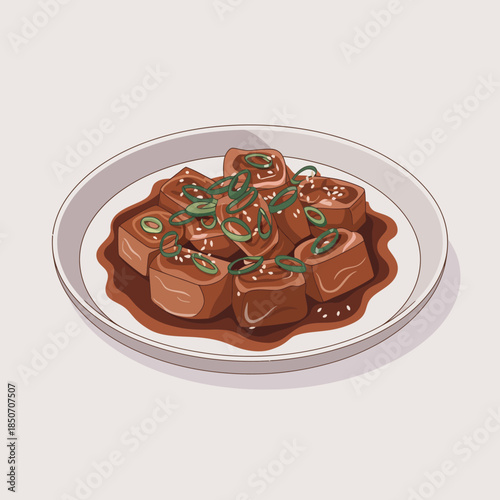 A beautifully presented plate of tender, savory tofu garnished with green onions. This dish highlights the art of culinary presentation through vibrant colors and textures.