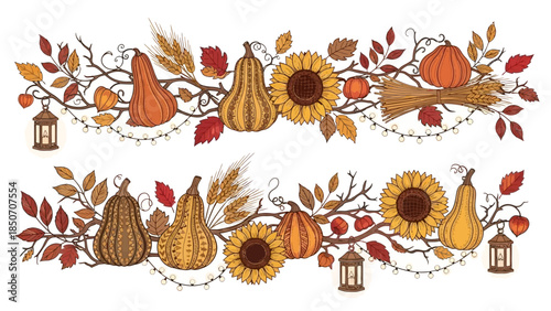 Autumn harvest decorative border with pumpkins, sunflowers, and lanterns motif for seasonal design.