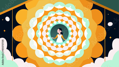 Woman meditating in cosmic mandala
