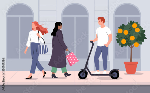Three fashionable individuals strolling down the street, exuding style and confidence while carrying shopping bags, representing urban lifestyle and modern consumerism.