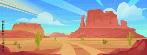 This image captures a breathtaking desert view with towering red rock formations, cacti, and a vibrant blue sky, showcasing the beauty and solitude of natural landscapes.