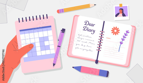 This engaging illustration shows a hand holding a calendar and an open diary, representing organization, reflection, and the importance of daily planning and personal growth.