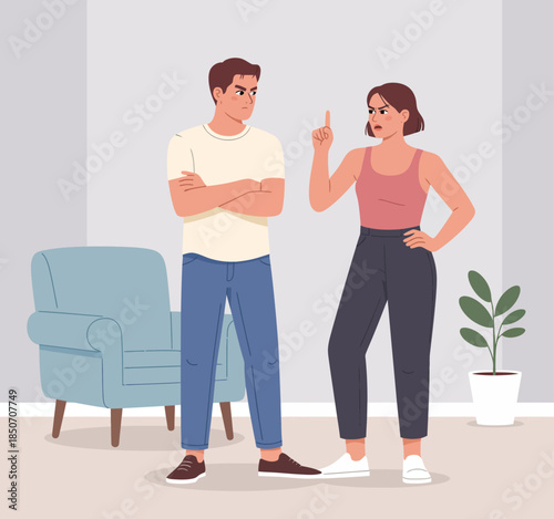 A tense scene depicting a couple having an argument in a modern living room, reflecting the complexities of relationships and human emotions in daily life.