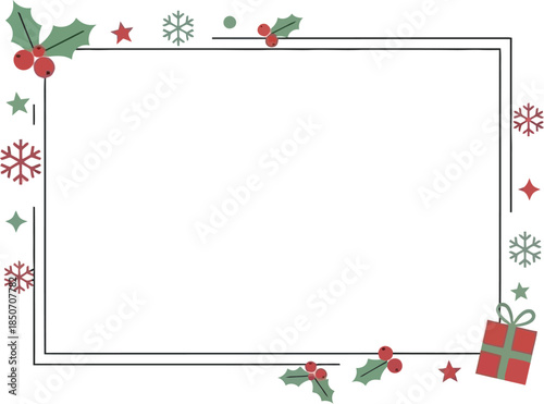 Christmas photo frame with holly, snowflakes, and a gift box, designed for festive holiday greetings and scrapbooking