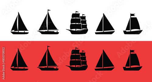 Sailing silhouettes on white and red backgrounds