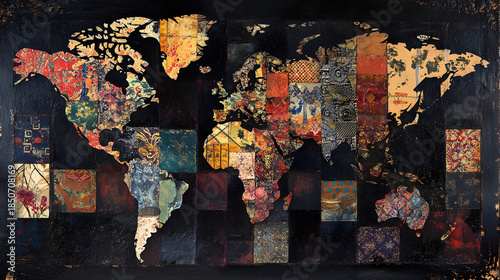 Vibrant world map made of colorful fabric patches on dark background