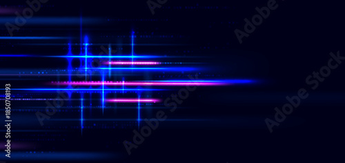 Blue and pink neon beam horizontal on dark background. Featuring laser speed movement.