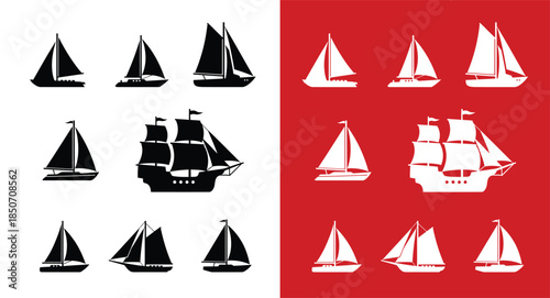 Sailing silhouettes on red and white backgrounds