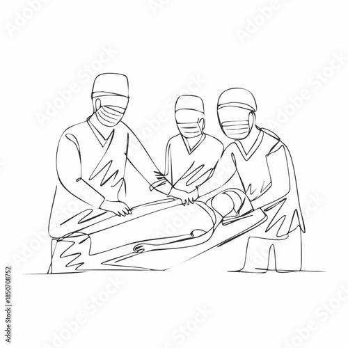 Single continuous single line drawing group of team surgeon doctor doing surgery operation to the patient with critical condition.
