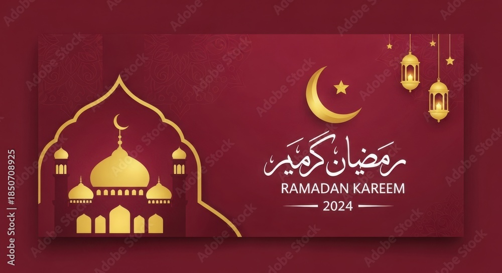 Naklejka premium Islamic ramadan kareem 2024 greeting with mosque and lanterns.