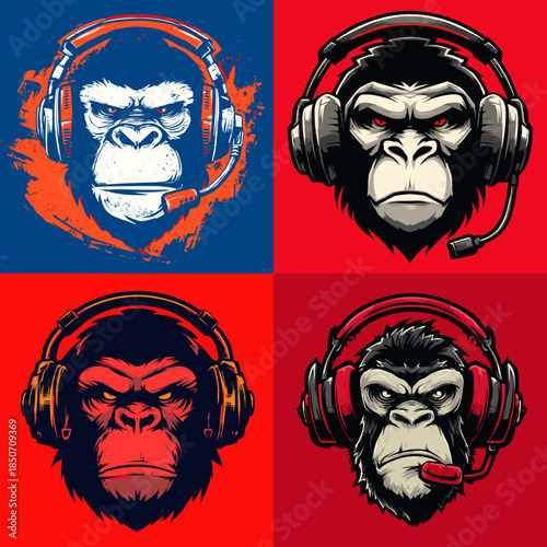 Gorilla dj illustration set wearing headphones with bold colors and expressive style ideal for music branding club posters esports logos and urban street art designs.