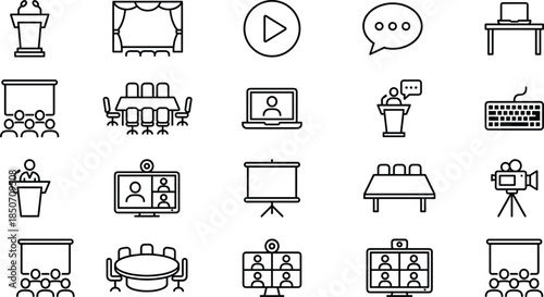 Collection of conference, presentation, and virtual meeting line icons representing business communication, public speaking, teamwork, online collaboration, and digital workspace concepts