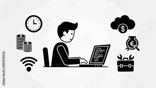 Man working on laptop with business and finance icons around him.