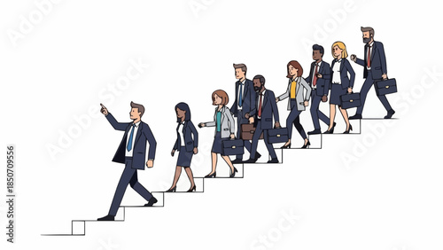 Diverse group of professionals following a leader up a staircase symbolizing career advancement.