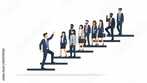 Diverse group of professionals ascending stairs symbolizing career growth and teamwork.