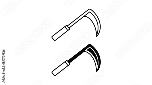 Simple illustration of two traditional farming sickles in black and white