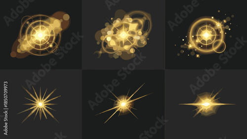WebGolden Lens Flare Sparkle Elements Set with Realistic Sun Burst Light Effects Bokeh Particles and Glowing Starry Glints for Design