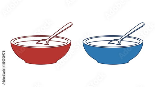 Two bowls with spoons a red and a blue illustration