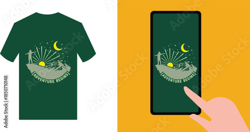 Green T Shirt With Adventure Begins Next To Smartphone tshirt yellow