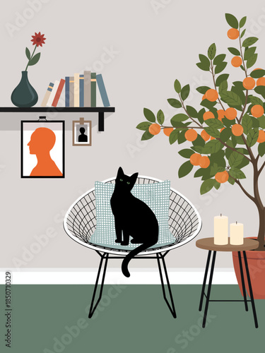 A modern interior space featuring a stylish black cat sitting confidently on a chair amidst decorative plants, embodying a blend of elegance and coziness in home decor.