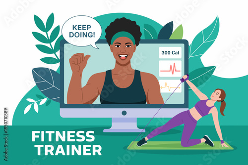A dynamic illustration showing a virtual fitness trainer motivating a user during a workout session, emphasizing the blend of technology and health in modern fitness.