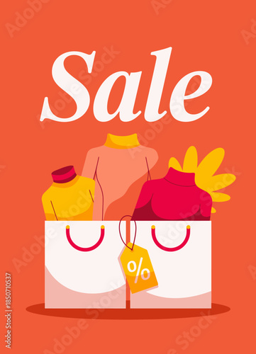 This image showcases a vibrant sale promotion theme, featuring colorful clothing items in shopping bags, perfect for attracting customer attention and driving sales.
