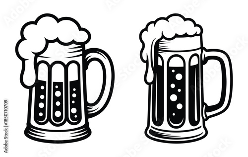 Mug with foamy beer, Traditional beer mugs or steins filled with a frothy head, Beer mug silhouette, Beer mugs overflowing with frothy head, used in pubs, beer gardens, and at events like Oktoberfest