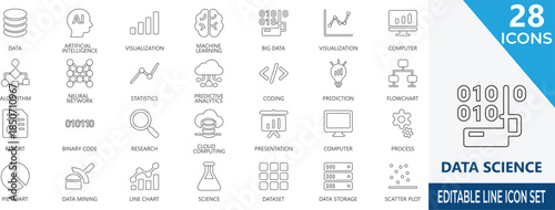 data science stroke icons featuring analytics , statistics, database, binary, graph, management, innovation