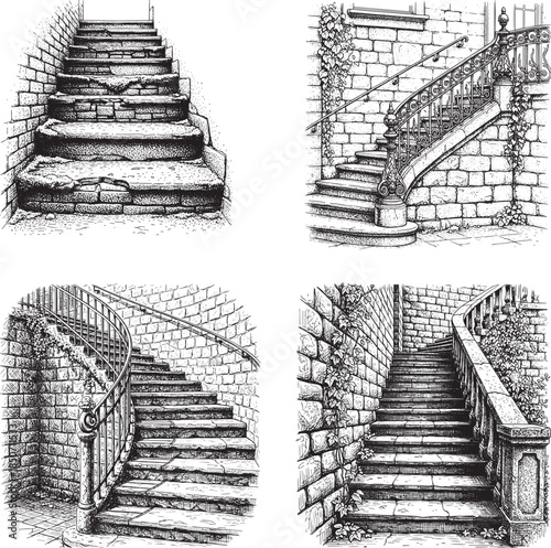 Old European Exterior Stairway Architecture Etching Engraving Style Vector Icon Set Isolated Historic Stone Facade Illustration
