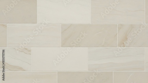 Close-up of a beige marble tile wall with rectangular tiles in various sizes and a smooth, glossy finish.