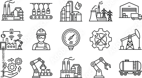 Industrial manufacturing and engineering icons collection featuring automation, factory production, oil extraction, logistics, machinery maintenance, and modern industry technology in clean line style