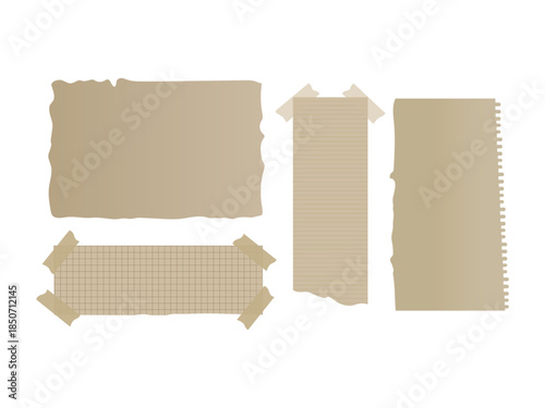 Torn paper notes with grid and lined patterns taped down