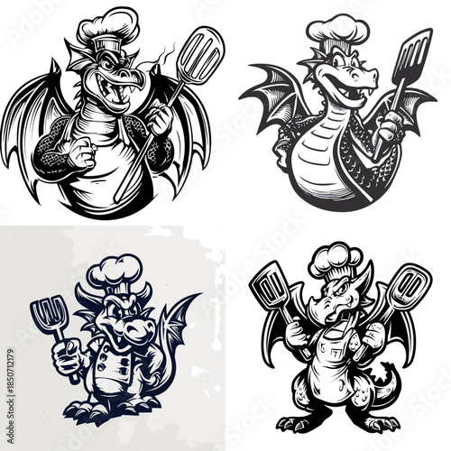 Cute dragon chef illustration set holding cooking tools blending fantasy and humor for restaurant branding food mascots stickers and playful culinary designs.