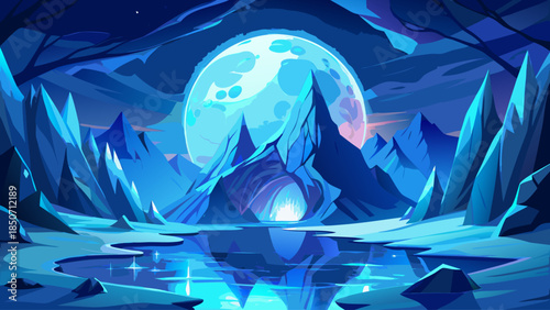 Majestic fantasy winter landscape featuring a glowing blue ice cave opening toward a giant full moon above calm water, with moonlight reflections and icy mountain peaks creating a mystical