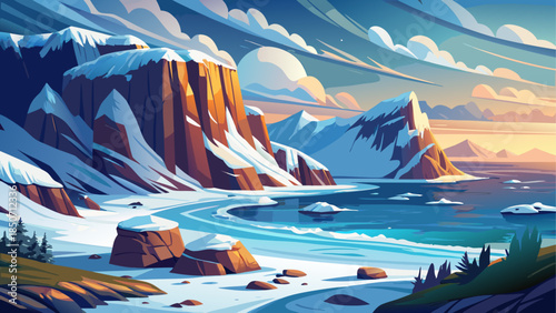 Winter coastal landscape with snow blanketing the beach and dramatic sea cliffs, where icy textures meet the cold shoreline, creating a powerful and serene seasonal nature scene