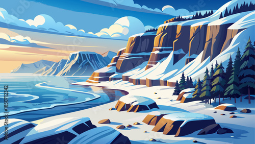 Winter coastal landscape with snow blanketing the beach and dramatic sea cliffs, where icy textures meet the cold shoreline, creating a powerful and serene seasonal nature scene