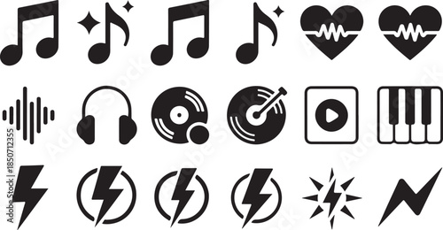 Set of black silhouette representing music and sound including notes hearts and lightning bolts