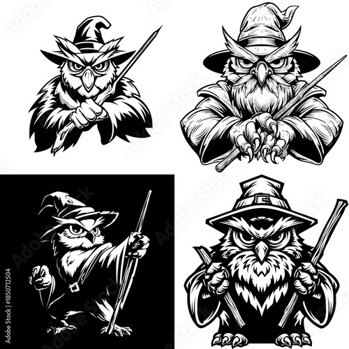 Wizard owl character illustration set in black and white style with expressive poses perfect for fantasy logos mascots book covers and magical storytelling visuals.