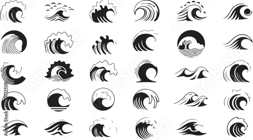Collection of thirty stylized black and white wave representing ocean and sea water movements