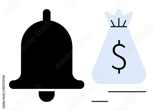 Black bell and light blue money bag with dollar sign suggest alerts, savings, investments, and finance management. Ideal for notifications, budget planning, wealth tracking, fintech, mobile
