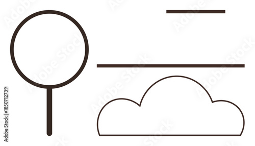 Minimal design featuring a tree, cloud, and horizontal lines. Ideal for nature, minimalism, growth, simplicity, environment clarity landscape themes. Clean simple flat metaphor