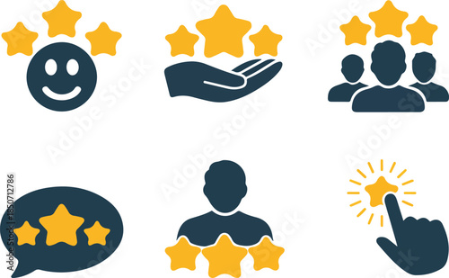 Set of six dark blue and yellow illustrating customer feedback and star rating systems 