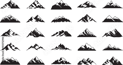 Diverse collection of black silhouette mountain range with varied peaks and snowy textures