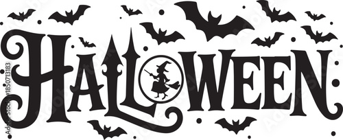 Halloween text with a witch on a broomstick and flying bats in a decorative style 