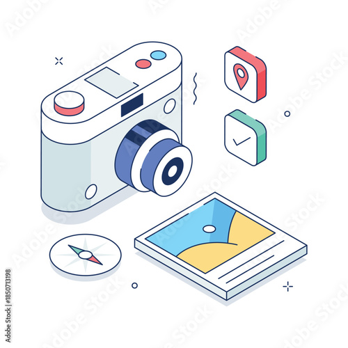 Isometric illustration of travel photography, camera and photos for tourism and adventure travel