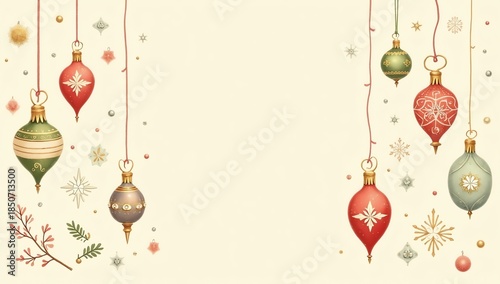 Elegant Vintage Christmas Ornaments and Snowflakes Festive Holiday Banner Background with Copy Space