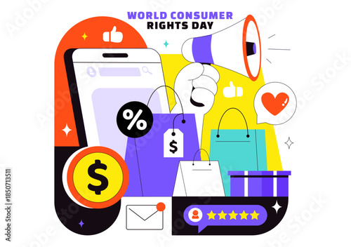 World Consumer Rights Day Vector Illustration on March 15 Featuring Shopping Bags Symbolizing Respected And Protected Consumer Rights