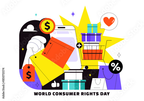 World Consumer Rights Day Vector Illustration on March 15 Featuring Shopping Bags Symbolizing Respected And Protected Consumer Rights