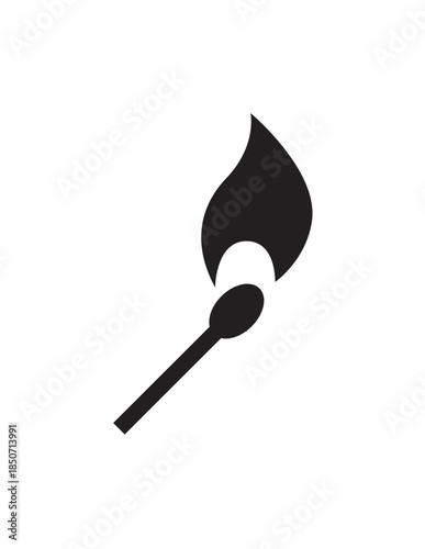 Ignited Burning Matchstick Icon, Lighting Fire Silhouette on Isolated White Background