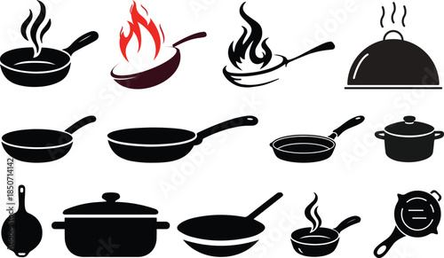 frying pan icon clipart vector on transparent background.Kitchen utensils and cookware icon set, black silhouette illustrations, fork, spoon, knife, frying pan, pot, teapot, cooking design elements